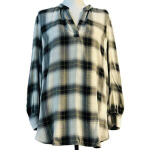 Loft Popover Split V-Neck Long Sleeve Tunic Top Women Lp White Black Gold Plaid